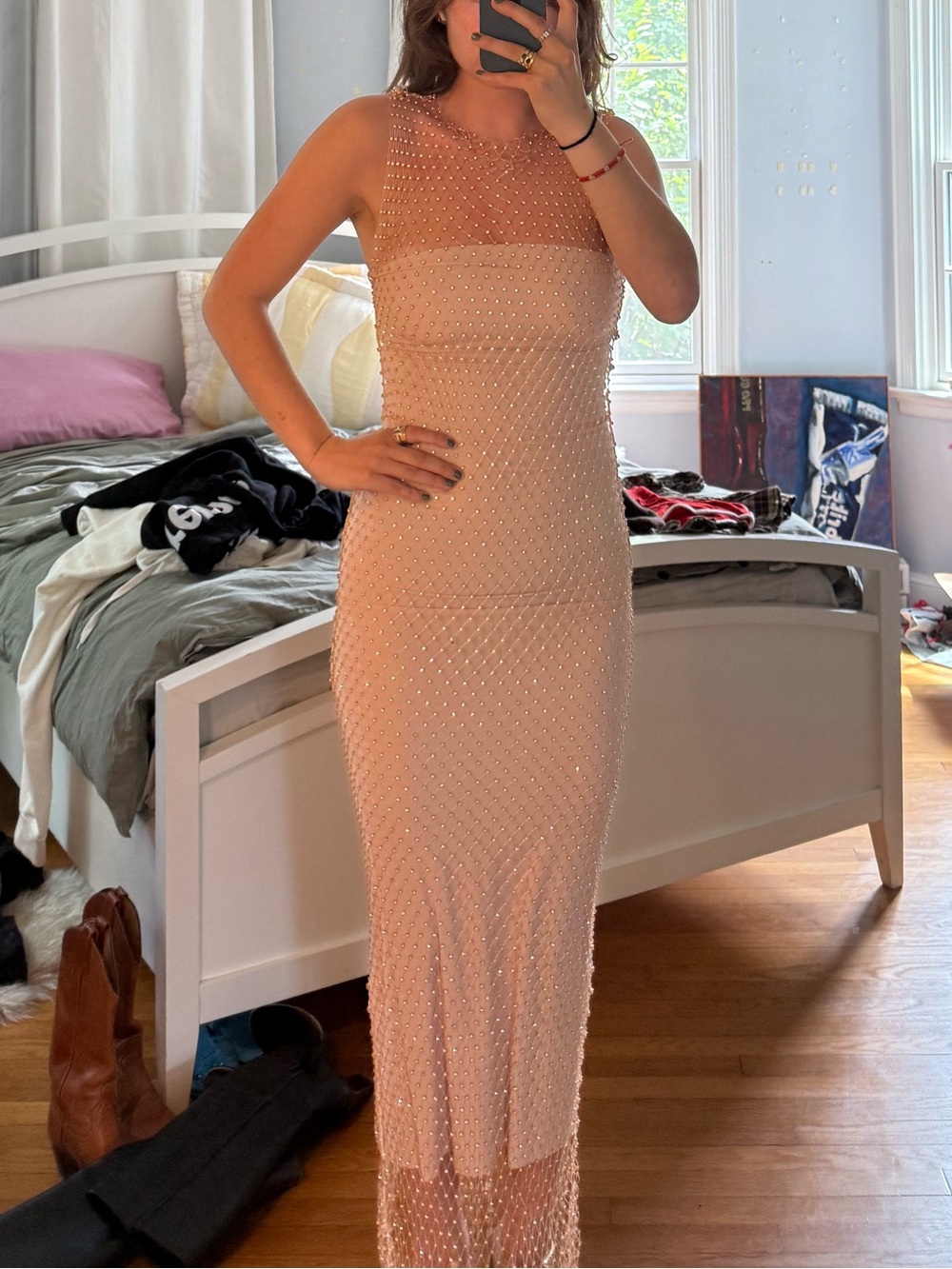 Sheer Beaded Nude Maxi Dress